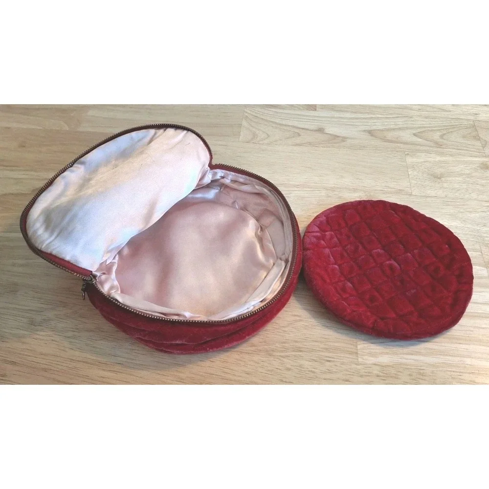 Vintage Red Quilted Velvet Travel Jewelry Case Round Satin Lined Organizer